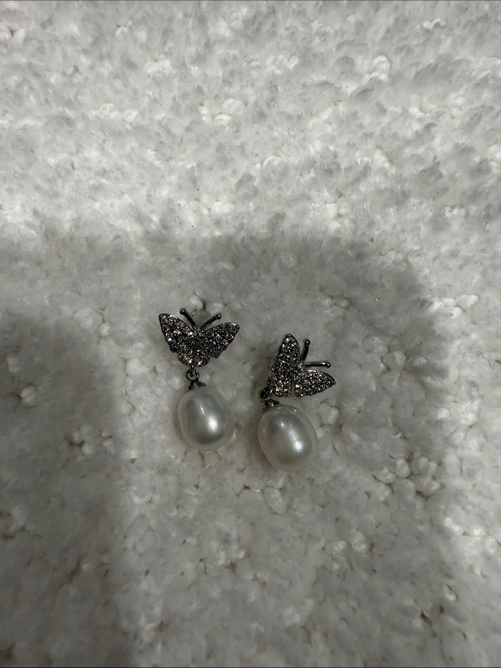 Pearl Drop Butterfly Earrings - Silver Tone